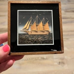 MCM Vintage carved cork diorama pictures of sail boat & ship